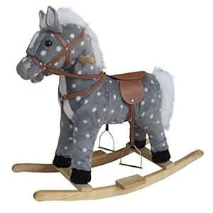 New Plush Rocking Horse – Grey + White Spots Deluxe Mane Saddle + Sound Effects **WJ-313**