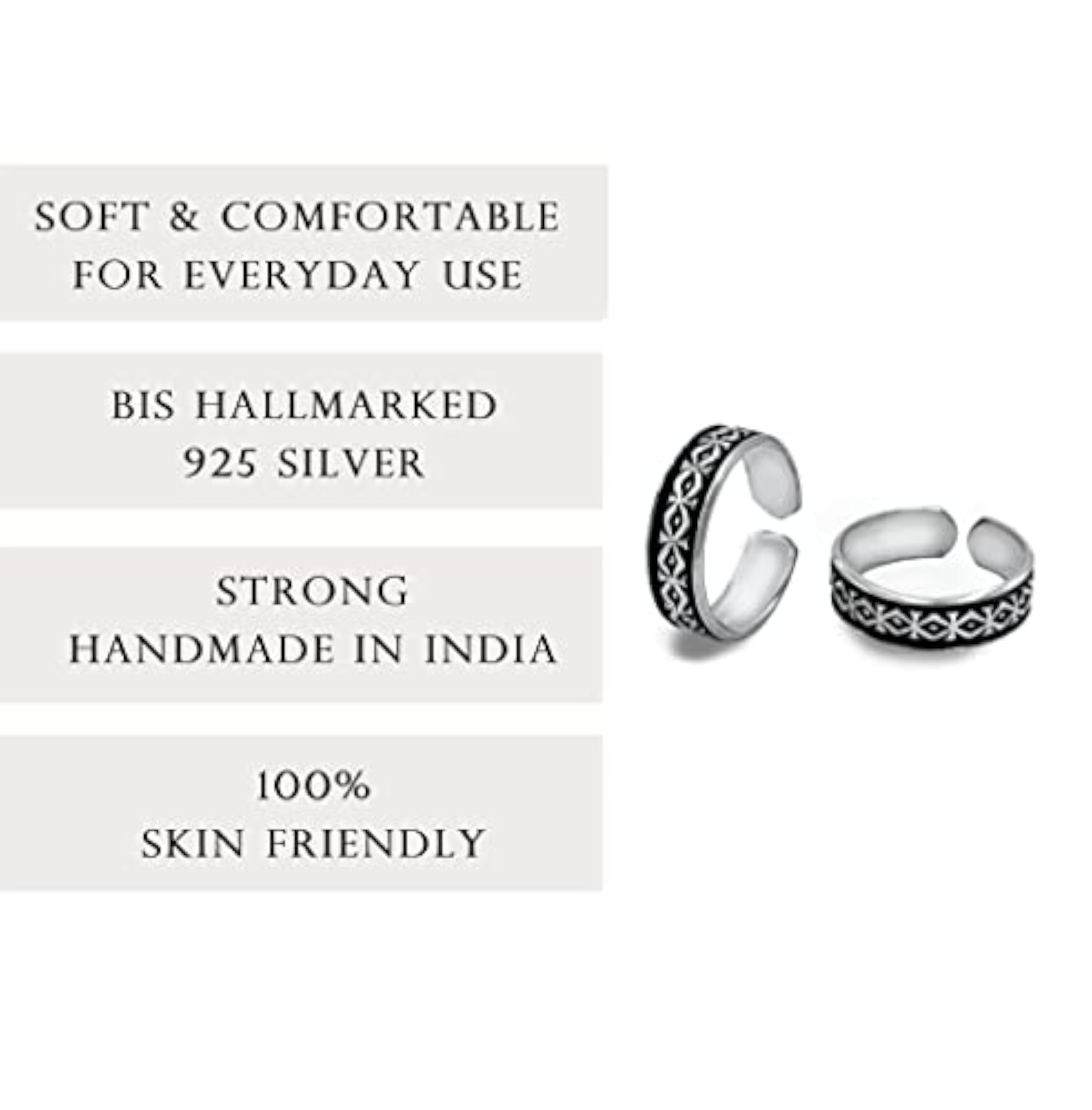 Women's 925 Sterling Silver Oxidised Toe Rings, Pair, Gift