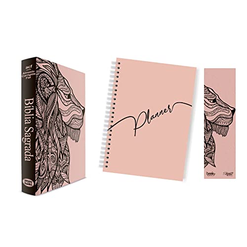 Kit leão rosa – planner capa lisa + bíblia capa dura acf + marca página: