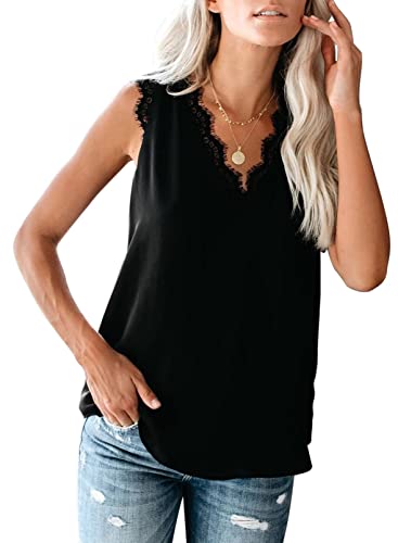 Uusollecy Damen Tank Top Sommer Ärmellose Chiffon Blusentop Spitzen V-Ausschnitt Weste Top Casual Shirt Tops Bluse Oberteile Cover