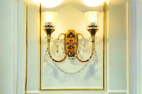 Image of Prop It Up Crystal Wall Sconce, 2-Light Chandelier with Glass Shades, Gold Finish, Decorative Crystal Drops, Without Bulb