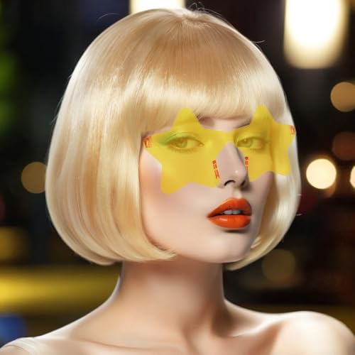 Image of ANOGOL Blonde Bob Wig with Bangs Blonde Golden Wigs for Women Colored Wigs | Hair Cap+Sunglasses Short Neon Wig for Bachelorette Party Funny Outfit for Women Halloween Costume Night Club Crazy Hair Day