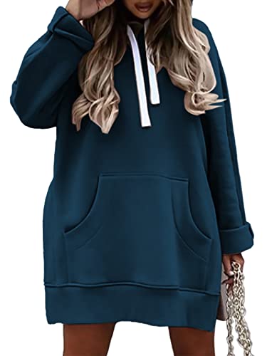Syellowafter Women Oversized Pullover With Hood Casual Sweatshirt Warm Hoodie Dress Kangaroo Pocket Top Blue X-Large #TOP22