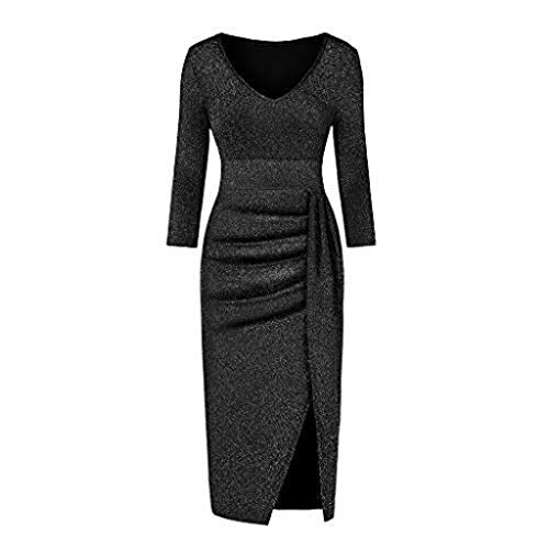 Lutos Women V Neck Sequins Wrap Ruched Bodycon Long Sleeve High Slit Nightclub Party Prom Casual Dress