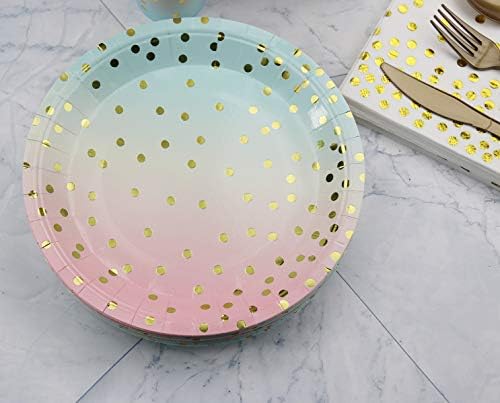LSJDEER Gold Dot Paper Party Tableware Supplies - Dinner/Dessert Plates, Cups, Napkins, Straws, Banner, Tablecloth for Birthday Party, Wedding, Bridal Shower - Serves 25 (rainbow)