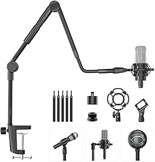 Microphone Stand, 37" Adjustable Gooseneck Mic Boom Arm with 5/8" & 1/4" Adapter, Shock Mount, Mic Clip Holder, Max Load 3LB Desk Mount Suspension Boom for Blue Yeti Nano Snowball Ice and Other Mics