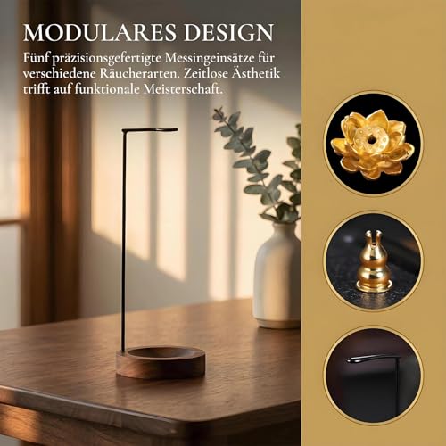 7-in-1 Räucherstäbchen Halter, Inklusive Metallhalter mit Holzbasis & 5 Räucherstäbchenhalter, Umgedrehter Incense Holder für Yoga, Meditation, Aromatherapie, Raumdekoration, Büro & Schlafzimmer