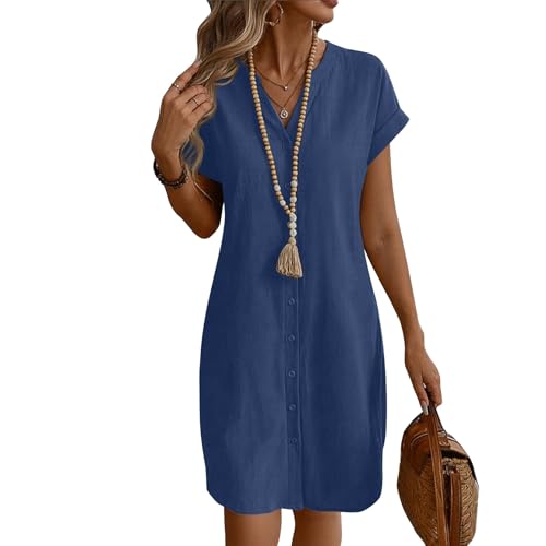 Womens Short Sleeve Midi Linen Dresses,Summer Fall Trendy V Neck Linen Button Down Slim Fit Plain Knee Length Dress
