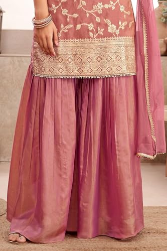 Image of Xomantic Fashion Womens Purple Color Banarasi Silk Kurta Sharara Set