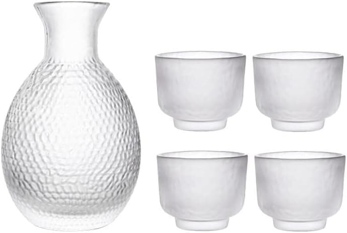 Glass Sake Set of 5 Pieces,330Ml Sake Bottle and 4 Sake Cups,Cold/Warm/Hot Sake Carafe Home Decor Crafts