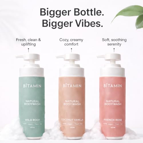 Image of BITAMIN Natural Moisturising Body Wash | Enriched with Vitamin E, Ceramides, Squalene & Avocado Oil | Sulphate & Parabens Free | French Rose, Wild Root & Vanilla Coconut | For Men & Women | 3x400ml
