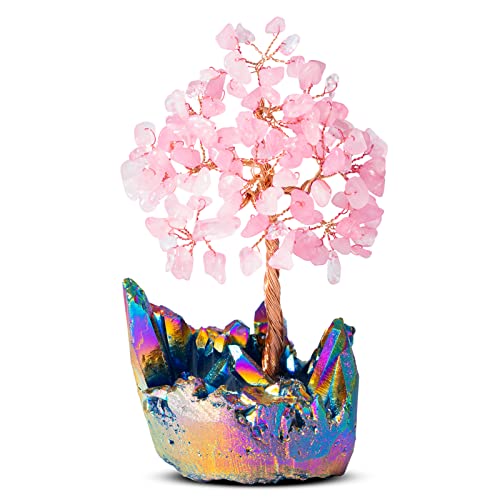 Bundle Of Two: One Rose Quartz Feng Shui Tree 15Inch Tall, One Rose Quartz Tree On Rainbow Titanium Cluster #TOP7