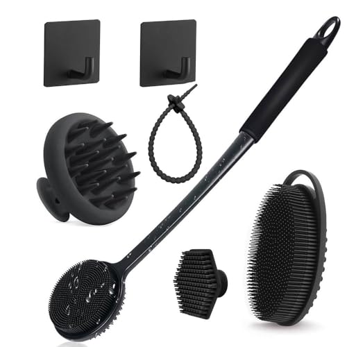 Silicone Body Brush Set 7 Pieces Shower Exfoliation Kit with Extended Handle Back Scrubber Body Brush Set Shampoo Massage Brush Face Cleansing Tool With Hanging Hooks and Rope (Black)