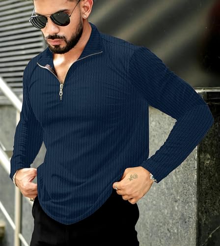 KAJARU Men's Quarter Zip Pullover T-Shirt, Cable Knit Pattern, Full Sleeve - Image 6