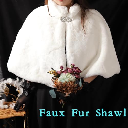 Women's Faux Fur Shawl and Wrap Bridal Wedding Stole Shrug Winter Fur Scarf Wrap for Brides and Bridesmaids4