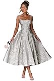 EBAKUS Midi A-Line Prom Dress Silver Vintage Square Neck Spaghetti Straps Wedding Guest Dresses Jacquard Floral Satin Tea Length Bridesmaid Dress for Women Size 0