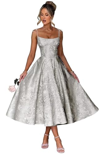 EBAKUS Midi A-Line Prom Dress Silver Vintage Square Neck Spaghetti Straps Wedding Guest Dresses Jacquard Floral Satin Tea Length Bridesmaid Dress for Women Size 0