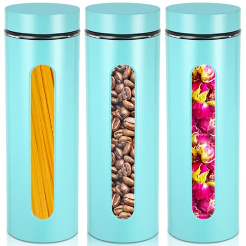Mimorou 3 Pcs Stainless Steel Canister Set with Glass Windows Visible Storage Jars Silver Kitchen Canister Set for Pasta Flour Oat Sugar Container, Kitchen Tools, Housewarming Gifts(Turquoise,60 oz)