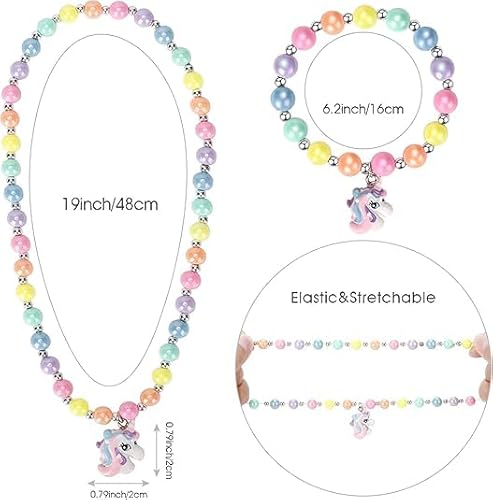 QIZHIQIAMY Einhorn Schmuck Set 3 Stück Einhorn Kette Armband Ring Bunte Kinderschmuck Perlenkette für Mädchen Geburtstag Geschenk, Party Outfit