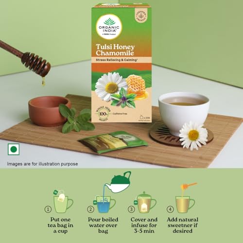 Image of A TATA Product - Organic India Tulsi Honey Chamomile Infusion - 25 Tea Bags, Certified Organic, Stress Relief, Calming, Promotes Sleep, Caffeine-Free