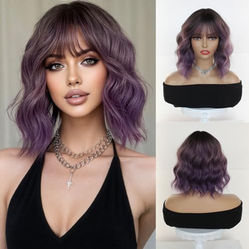 Phloxyn Short Wavy Purple Wig with Bangs Bob Human Hair