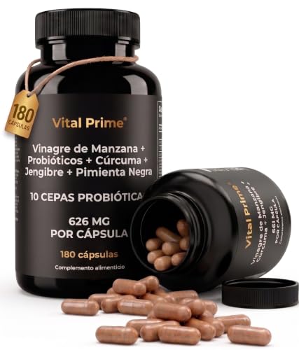VITAL PRIME Vinagre de Manzana Capsulas con Probióticos, Cúrcuma, Jengibre y Pimienta Negra 180 Cápsulas 1878 mg por Dosis | 15 Billones CFU | Cápsulas de Vinagre de Manzana