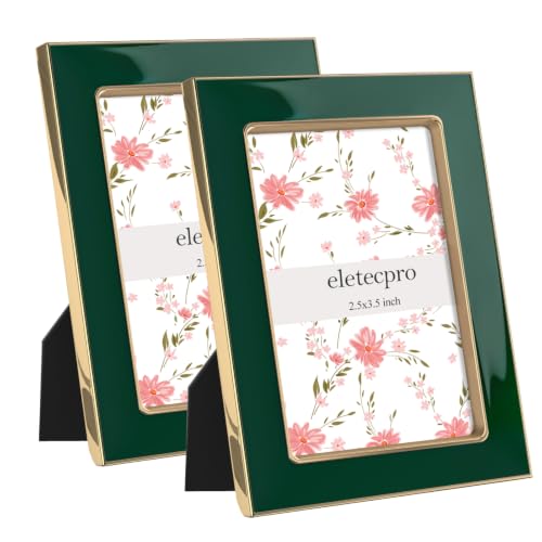 Image of eletecpro 2.5x3.5 Enamel Picture Frame Set of 2 with Real Glass Cover, Photo Frame with Gold Metal Edge, Horizontal and Vertical Display Pictures 2.5 by 3.5 for Tabletop and Wall Decor, Green