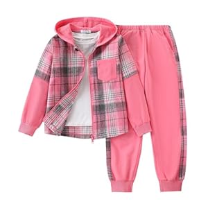 2Pcs Girls Clothes Zip Up Plaid Flannel Hoodie Shirts and Jogger Sweatpants for Kids Fall Winter Spring Outfits