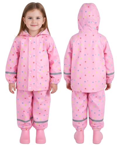 JiAmy 2-teiliger Regenmantel für Jungen Mädchen mit Tragbarer Aufbewahrungstasche und Reflektierendem Streifen Rosa für 5-6 Jahre
