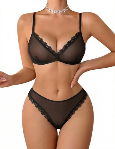 Avidlove Women Sexy Bra and Panty Sets Sheer Lace 2 Piece Lingerie Set Cute Bralette Panty Set Black