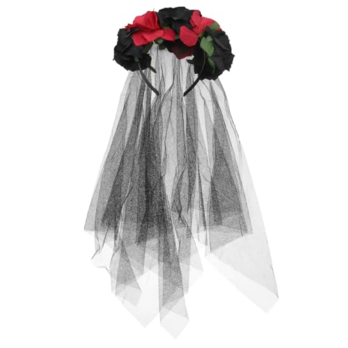 Lurrose Rose Floral Crown Schleier Halloween-Kostüm mexikanischen Stirnband Day of the Dead Headpiece für Festival Carnival Party (rot und schwarz Muster)