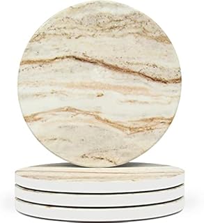 Naivasha Homeware Marble Coasters Set of 4 - Stunning Ceramic Coaster in GLOSS Finish | Elegant Stone Coasters with Anti-Slip Cork Bottom for Mugs and Glasses | Brown Marble