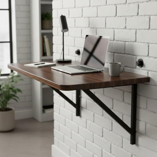Image of Wall Mount Table Foldable Laptop Desk for Home & OfficeWall Mounted Table for Desktop - Wooden Round Corner /Wall Mounted StudyTable (Elijah)
