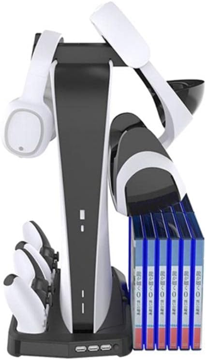 WIDIAN PS5 Console Stand with Cooling Fan and PS5 Controller Charging Dock, Multifunctional Vertical Stand with 12 Game Rack and Headset Hanger, for PS5 DE/UHD