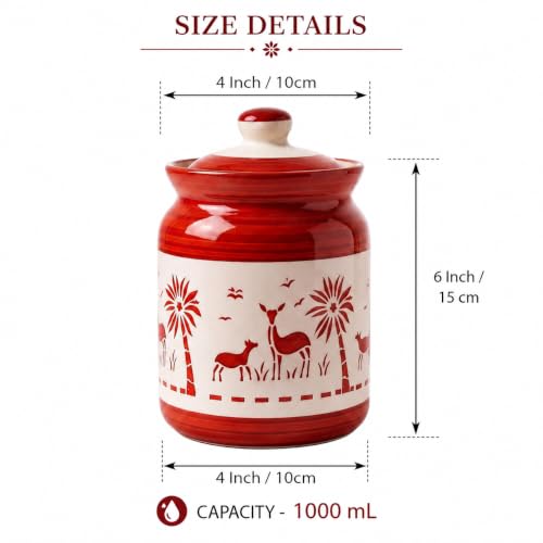 Image of D'Maiolica Ceramic Handmade Pickle Jars in 1000ml (set of 2) | Floral Bale 1 kg Achaar Martban | Ceramic Jadi for Kitchen Storage (Set of 2) | Jars for Achar, Spices, Salt (Artisan Red Savannah)