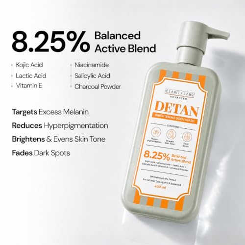 Image of Detan Brightening Body Wash with 8.25% Active Blend | Kojic Acid, Niacinamide, Alpha Arbutin, Salicylic Acid & Charcoal | Tan Removal, Skin Brightening, Dark Spot, Underarm & Body Pigmentation Wash for Women, Men, Boys, Girls & Teens | Sulphate Free | 400ml