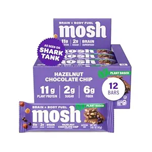 MOSH Hazelnut Chocolate Chip Vegan Protein Bars, Plant Based, Keto, Gluten Free, Brain Healthy Snack with Cognizin, Ashwagandha and Lion's Mane, 12 Count