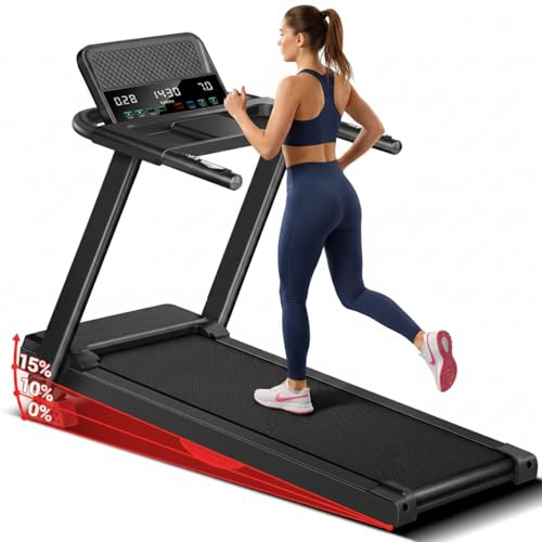 UMAY 15% Incline Treadmill for Home with Heart Rate Monitoring | Foldable & Portable Treadmills with 3 LED Screens Up to 300Lbs Capacity Walking Pad Treadmill 0.6-7.5MPH True Black