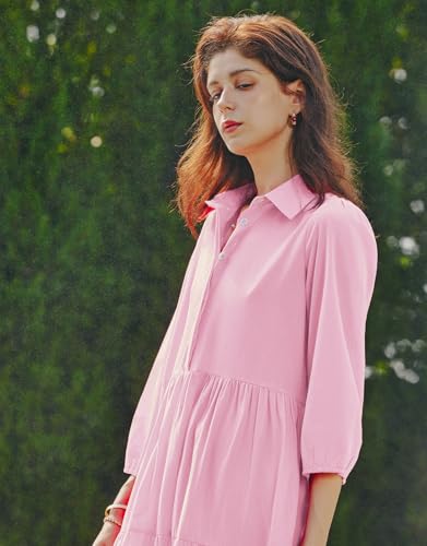 Image of Women Button Down Maxi Shirt Dress Long Sleeve Flowy Tiered Collared Dresses with Pockets