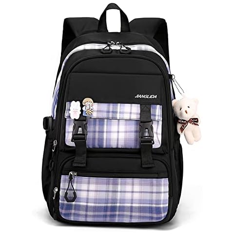 Aesthetic Backpack for Girls, Cute Book Bag Kawaii Backpacks Large Capacity Middle School Plaid Rucksack Japanese School Bag with Kawaii Pin and Accessories (Black) Cover