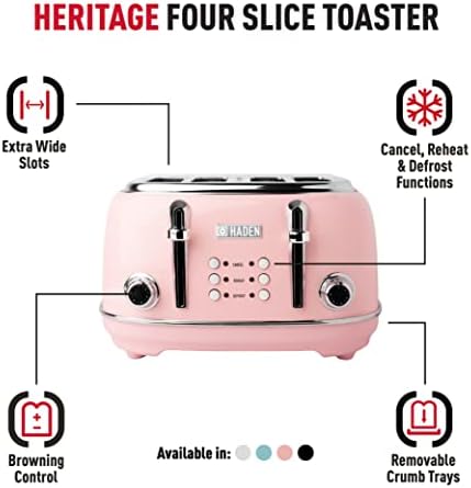 Haden Heritage Pink Toaster - 4 Slice Electric Stainless Steel Toaster with Reheat and Defrost Functions - Variable Browning Control - Self Centering Function - 1370-1630W
