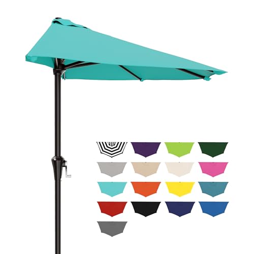 AreShark 9FT Half Patio Umbrella Outdoor Wall Umbrella with Crank & 5 Sturdy Ribs Table 1/2 Umbrella Patio for Garden Deck Balcony and Pool Teal Blue