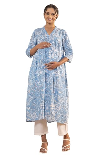 Image of Janasya Women's Pure Cotton Relaxed Fit A Line Floral Printed A-Line Maternity Kurta