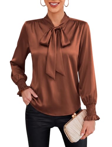 Image of AGSEEM Satin Blouses for Women Bow Tie Neck Long Sleeve Dressy Casual Tops, Brown, M