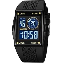 FANMIS Mens Rectangle Dial Sports Wrist Watches with 7 Colors Optional LED Backlight Multifunctional Alarm Stopwatch 12/24H Rubber Strap Watch