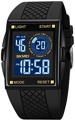 FANMIS Men's Rectangle Dial Sports Wrist Watches with Green LED Backlight Multifunctional Alarm Stopwatch 12/24H Rubber Strap Watch (P Gold)