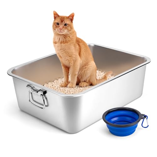 Bac à litière Chat, Bac en Acier Inoxydable avec poignée, Plateau d'alimentation Rabattable, Anti-odeurs, Surface Lisse antiadhésive (50x35x15cm)
