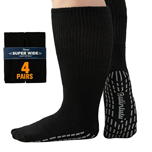 Bulinlulu Extra Wide Socks for Swollen Feet-4 Pairs Extra Wide Viasox Diabetic Socks for Men,Extra Wide Hospital Bariatric Socks Non Slip Diabetic Edema Socks Women,Cast Socks Lymphedema Socks-4 Black