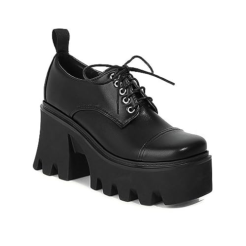 Women's Patent Leather Lug Sole Chunky Heel Oxfords,Fashion Lace Up Height Increase Platform Gothic Oxfords Pumps Business Work Dress Shoes