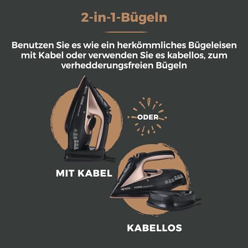 Tower T22008 CeraGlide Kabelloses Dampf Bügeleisen mit Keramiksohle - Dampfbügeleisen mit Variabler Dampffunktion, Schwarz und Roségold – Bild 3